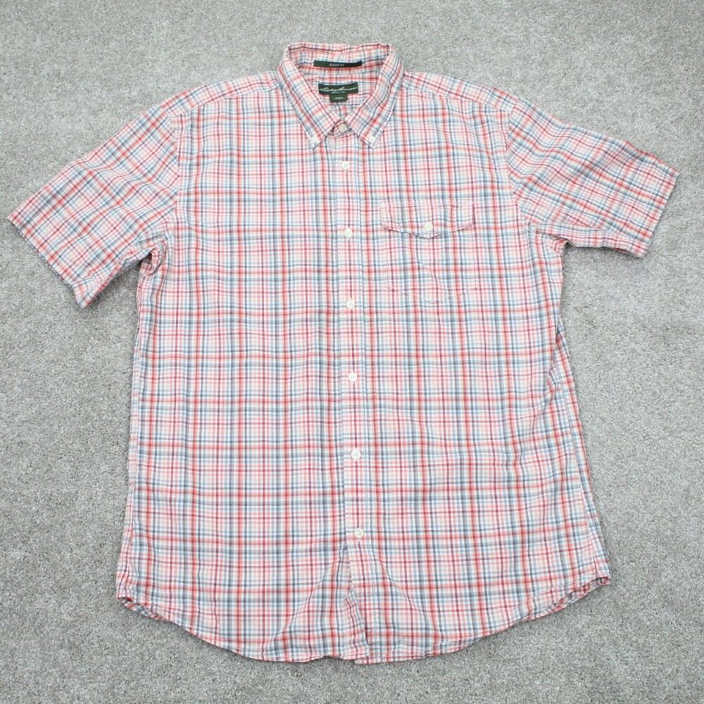 Eddie Bauer Shirt Mens Large Red/White/Gray Plaid Classic Fit 100% Cotton S/S - Picture 1 of 12